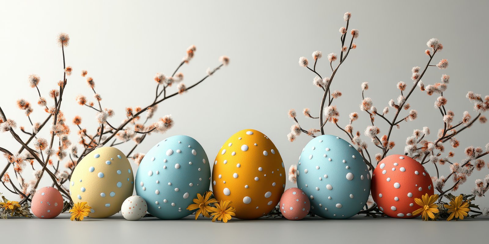 Colorful decorated Easter eggs with flowers and branches arranged on a light background